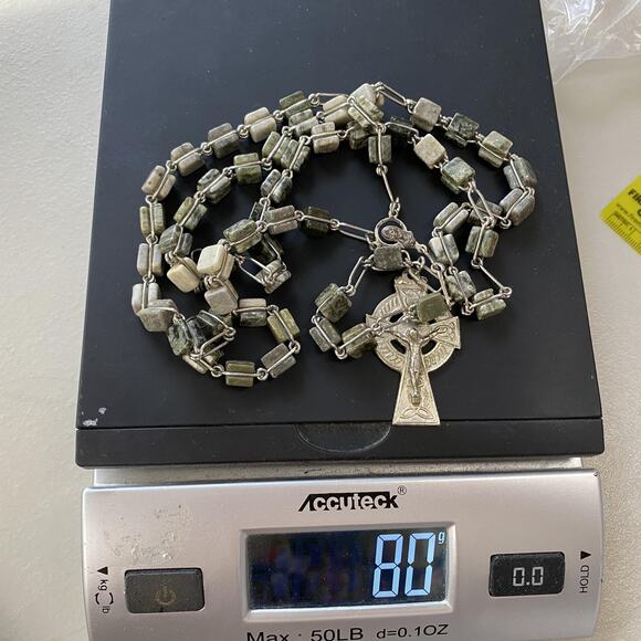 Connemara Marble Full Rosary Green Beaded Irish Celtic Cross Pendant 23" Large - Picture 9 of 10